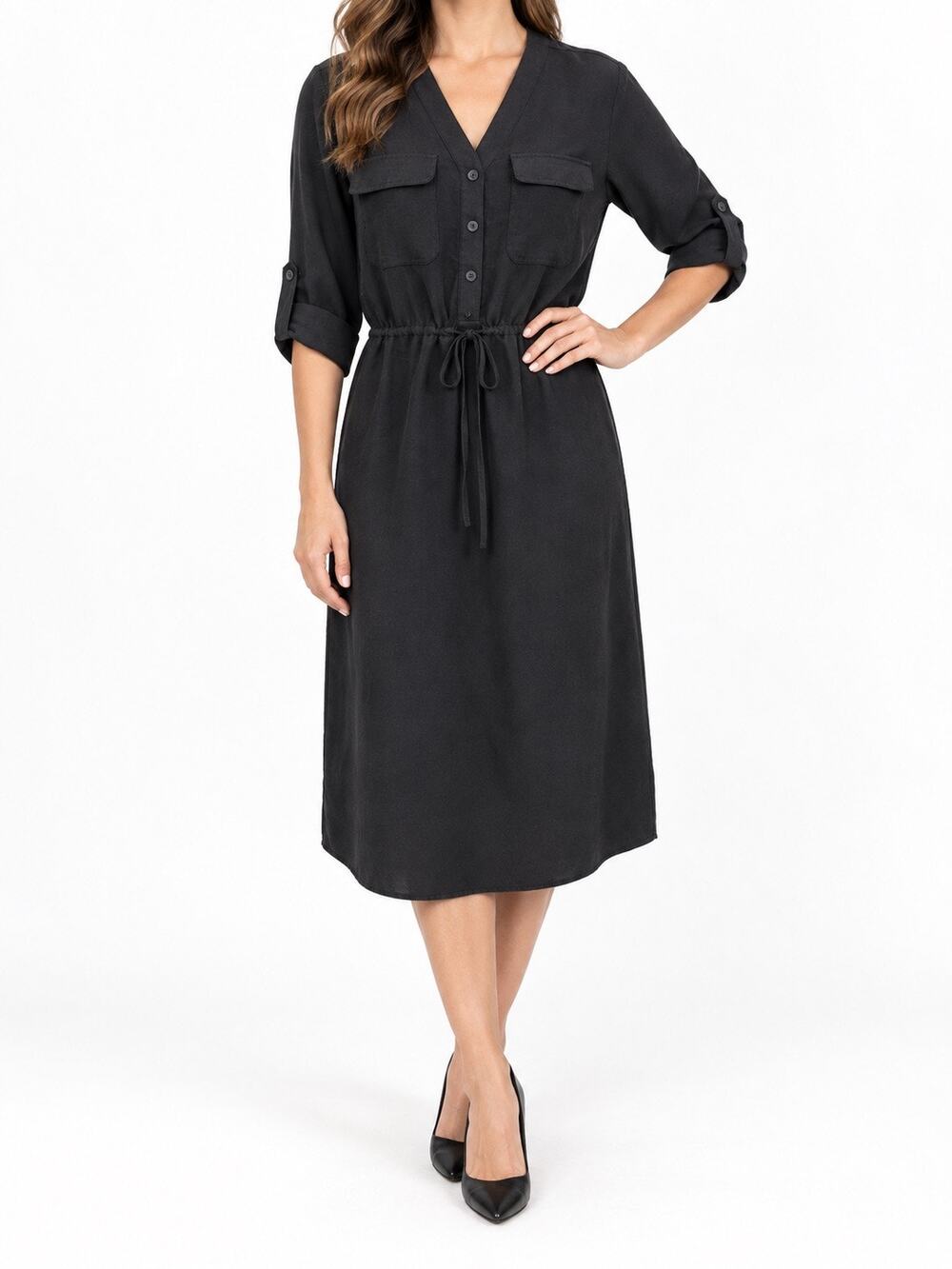 MAX STUDIO Black Button Front Utility Midi Shirt Dress NWT Small Minimalist